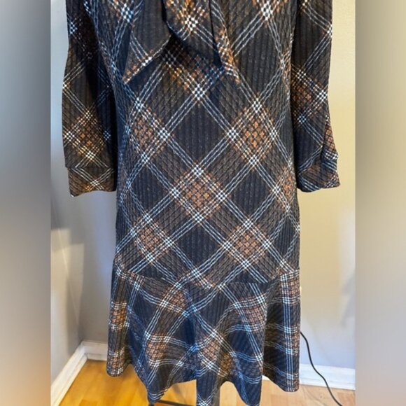 Adrienne Vittadini Brown Plaid Tie Neck Academia Lightweight Sheath Dress Sz M - Picture 5 of 12